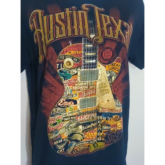 Gildan Black Guitar Print Venues Austin Texas Shortsleeve Cotton Tshirt Size S - Picture 2 of 5